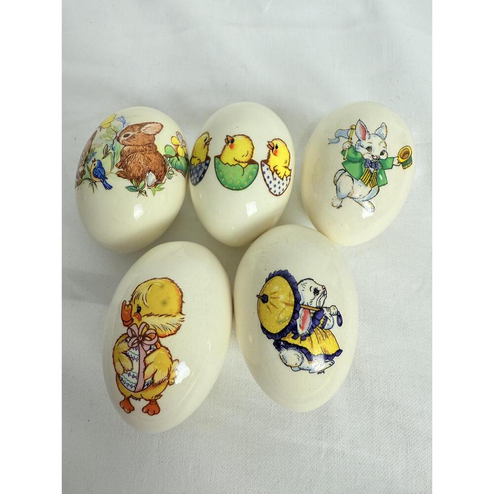 Vintage Painted Ceramic Easter Eggs Decorative Easter Animal Illustrations